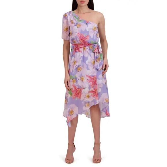 NWT Julia Jordan Floral Print One Shoulder Short Sleeve Asymmetrical Midi SZ 14 - Picture 1 of 11